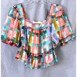 Marie Oliver Linen Silk Plaid Puff Sleeve Blouse Colorwork Patchwork XXS